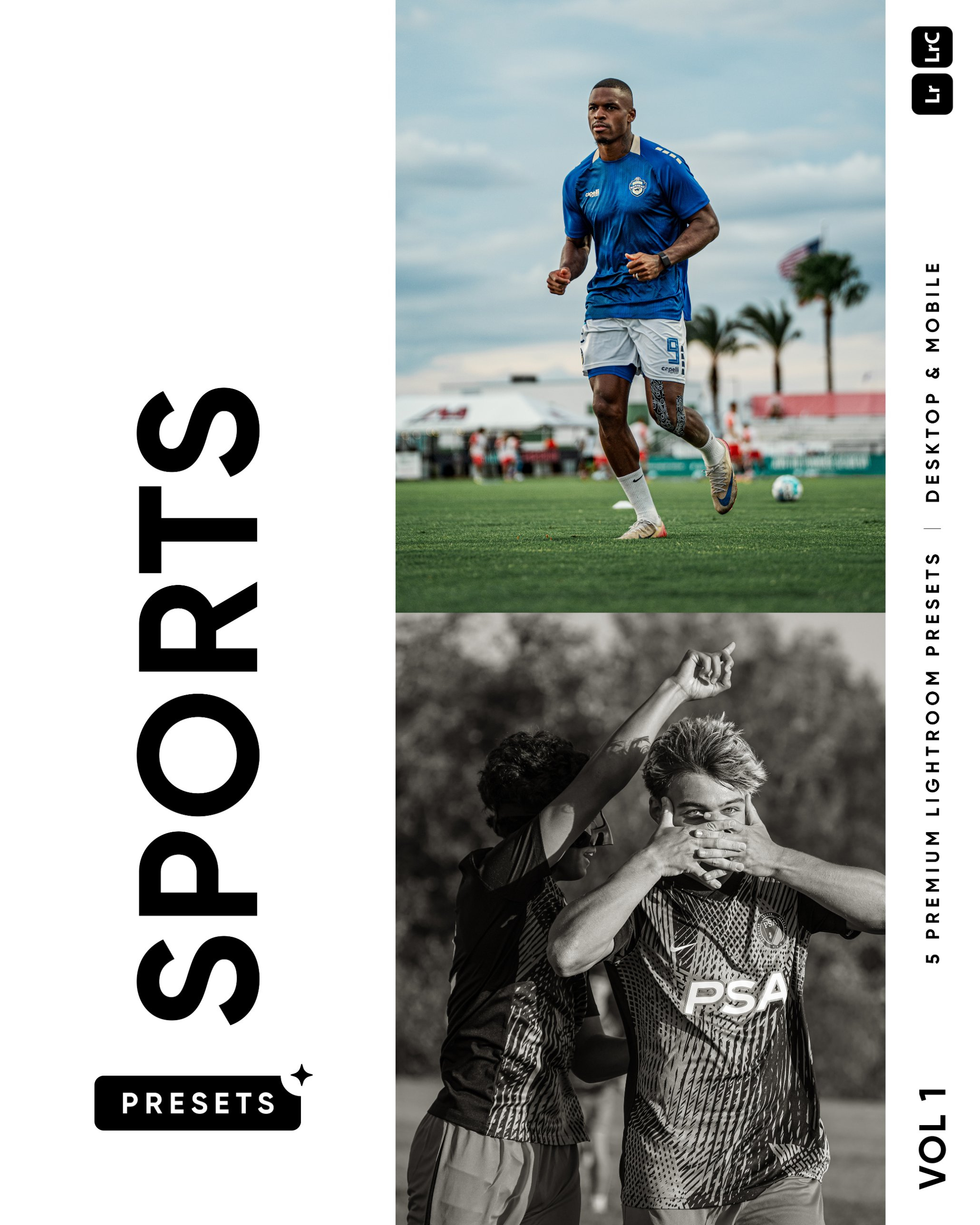 Sports Presets Vol 1 cover: 5 premium Lightroom presets for desktop and mobile